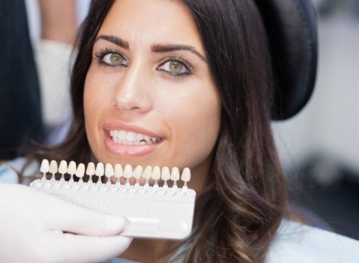 Cosmetic dentist holding a shade guide in front of smile of a patient