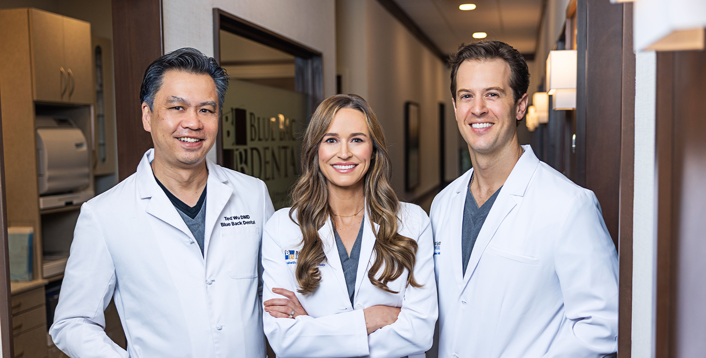 Doctor Wu Doctor Liz and Doctor Tim smiling at Blue Back Dental