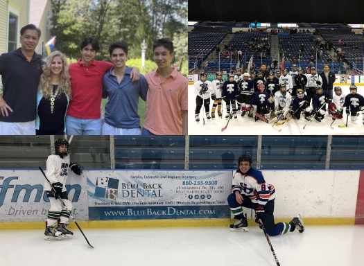 Collage featuring Doctor Wu at sporting events and with family